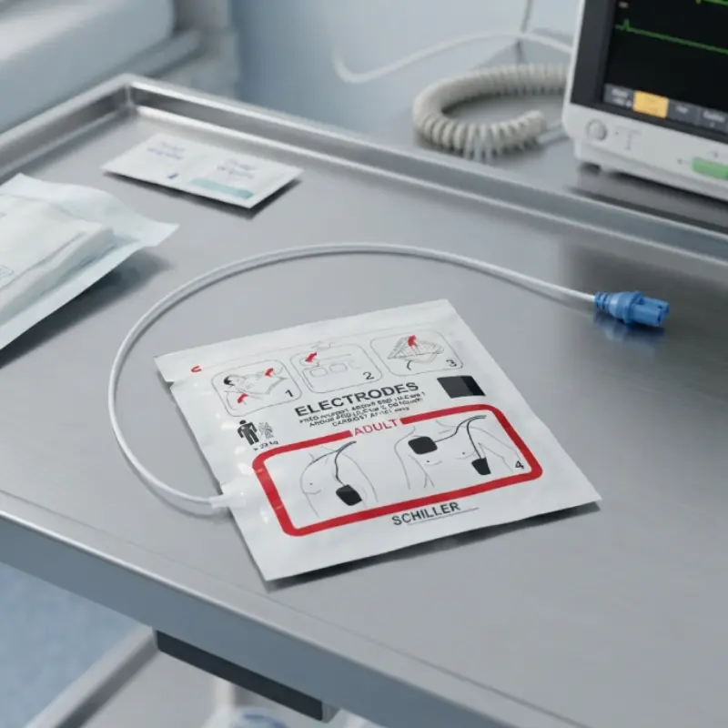 Envase de Schiller Fred Easyport electrodos adulto sobre una bandeja de acero inoxidable en consulta clínica.