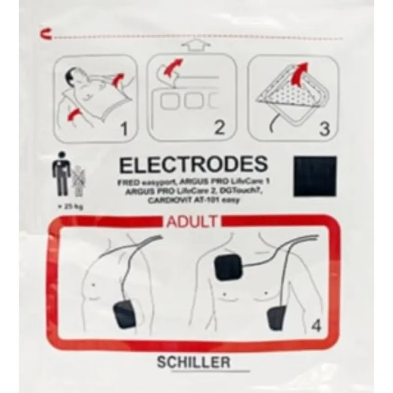 Envase de Schiller Fred Easyport electrodos adulto con esquemas de colocación y compatibilidades impresos.