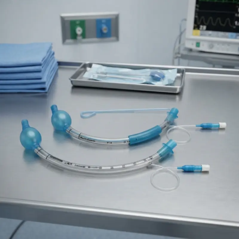 Dos tubos endotraqueales con guía y balón azul dispuestos sobre una mesa de acero inoxidable en un quirófano.