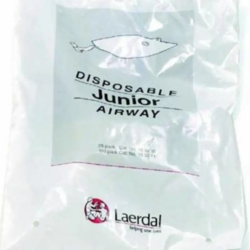 Paquete sellado con vías respiratorias desechables Junior de Laerdal para recambio en maniquíes de RCP pediátrica.