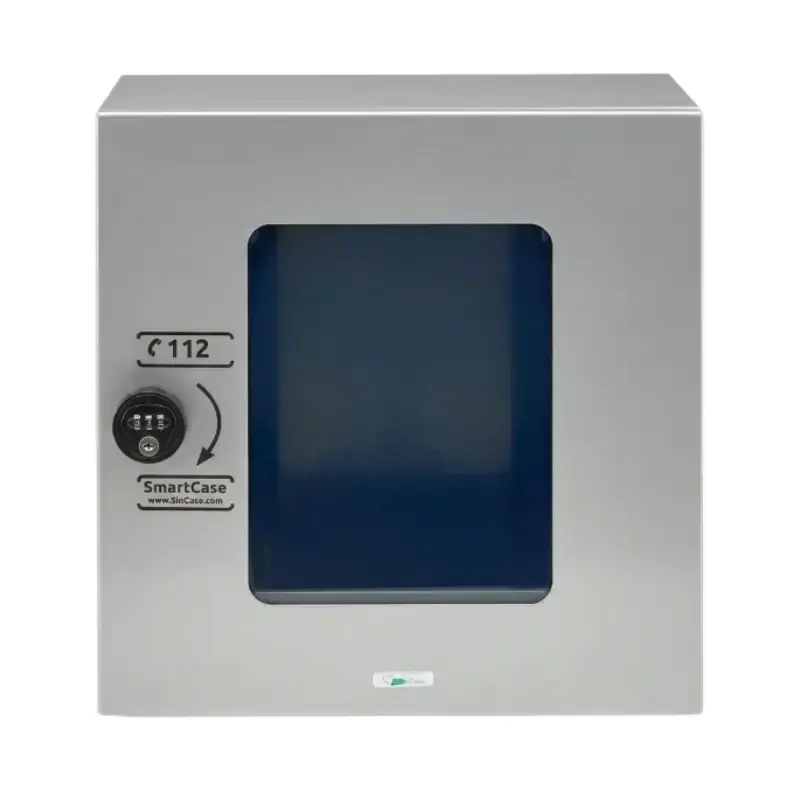 Vitrina metálica de interior gris para desfibrilador con visor transparente, cerradura numérica y aviso del 112.