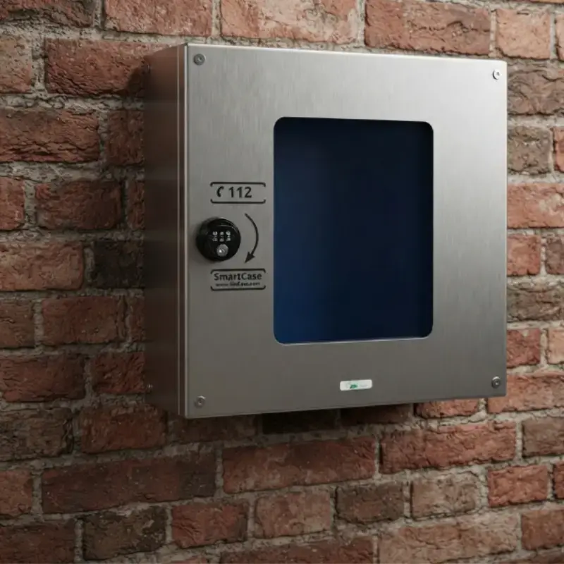 Vitrina gris de interior para desfibrilador SmartCase fijada en una pared de ladrillo visto con cerradura numérica y visor.