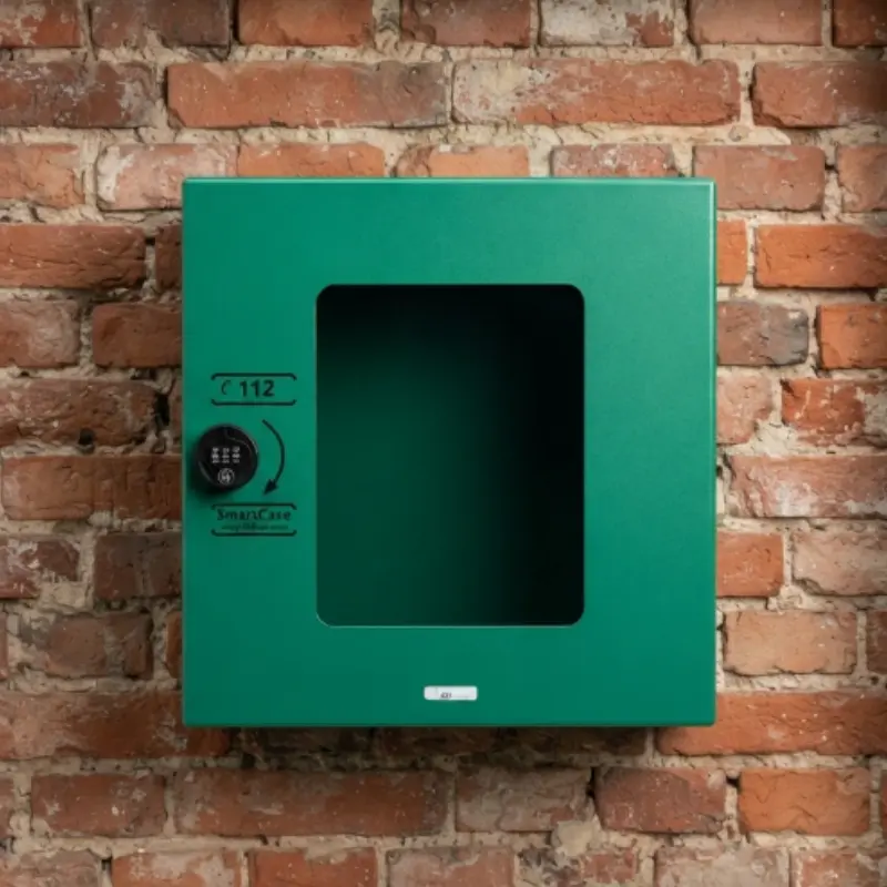 Vitrina verde de interior para desfibrilador SmartCase fijada en una pared de ladrillo visto.