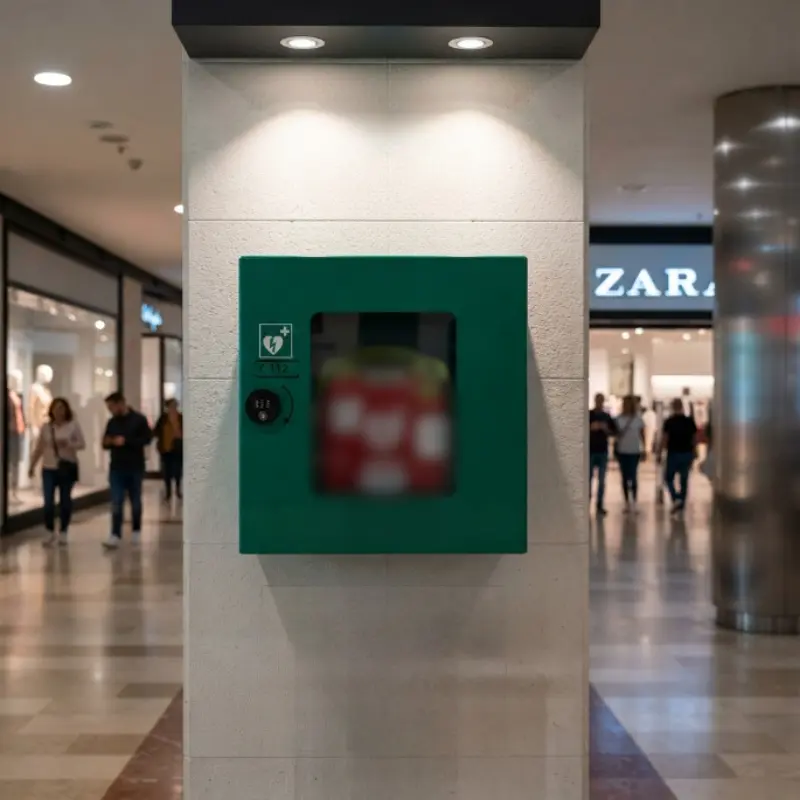 Vitrina verde SmartCase para desfibrilador instalada en una columna dentro de un centro comercial iluminado.