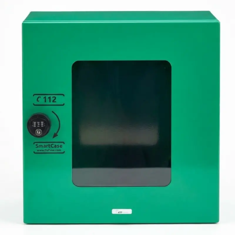 Vitrina verde de interior para desfibrilador SmartCase con ventana central, cerradura de combinación y número de emergencia 112.