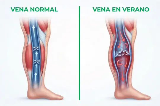 Ilustración anatómica comparativa entre una vena normal y una vena afectada por el calor, mostrando el flujo sanguíneo.