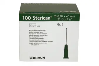 Caja de cartón verde y blanca de 100 agujas hipodérmicas B Braun Sterican de 21G y 0,80 x 40 mm.