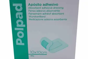 Caja de cartón de apósitos adhesivos estériles Polpad de 10x10 cm con logotipo en verde sobre fondo blanco.