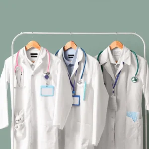 Tres batas y uniformes blancos colgados en una percha metálica con estetoscopios y tarjetas identificativas.