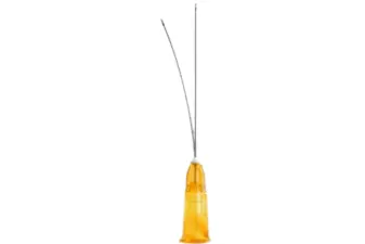 Microcánula Magic Needle de 25G y 40 mm con base cónica de color naranja y dos finas agujas sobre fondo blanco.
