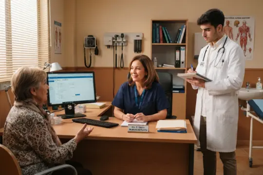 Médica de familia atiende a una paciente sentada en su consulta mientras un estudiante de pie toma notas en una libreta.