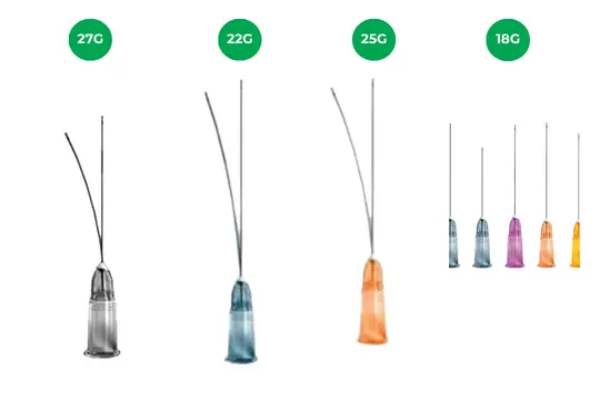 Esquema comparativo de microcánulas Magic Needle con indicadores de calibre en G y diferentes colores de conectores.