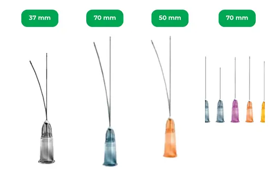 Esquema comparativo de microcánulas Magic Needle con indicadores de longitud de 37 mm, 50 mm y 70 mm.
