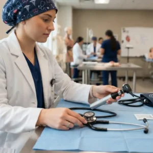 Estudiante de medicina haciendo prácticas con bata blanca en un laboratorio o aula universitaria.