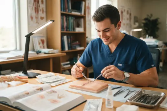 Estudiante de medicina practicando puntos de sutura sobre una almohadilla de prácticas en una mesa de estudio.
