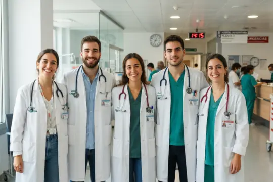 Grupo de cinco estudiantes de medicina y residentes sonrientes con batas blancas y estetoscopios en un pasillo de hospital.