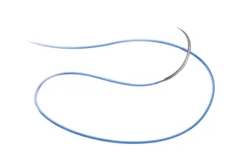 Hilo de sutura quirúrgica de polipropileno azul en forma de bucle con aguja curva de acero inoxidable.