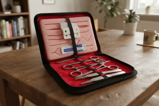 Kit de sutura portátil con almohadilla de prácticas sintética e instrumental quirúrgico sobre una mesa de madera.