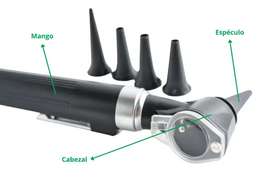 Esquema detallado con las partes de un otoscopio médico para exploraciones del canal auditivo.