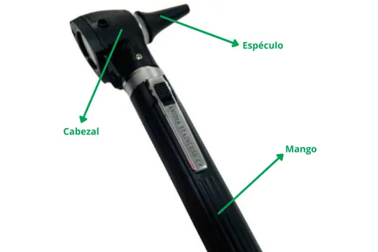 Otoscopio clínico negro con su cabezal iluminado, mango ergonómico y espéculo cónico señalado con marcas explicativas.