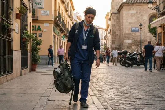 Profesional sanitaria con uniforme azul y mascarilla al cuello camina cansada por una calle histórica cargando una mochila médica.