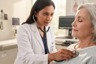 Médica con bata blanca auscultando el pecho de una paciente mayor con un estetoscopio en una clínica.