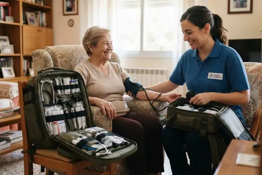 Enfermera sonriente con polo azul toma la tensión arterial a una paciente mayor sentada en un sillón junto a mochilas médicas abiertas.
