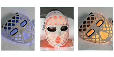 Tres vistas de la máscara facial LED Lumina Face mostrando iluminación en azul, roja y ámbar sobre soporte blanco.