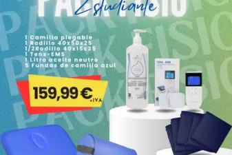 Pack de inicio para fisioterapeutas con camilla plegable azul, cojines de posicionamiento, equipo TENS, aceite y fundas.