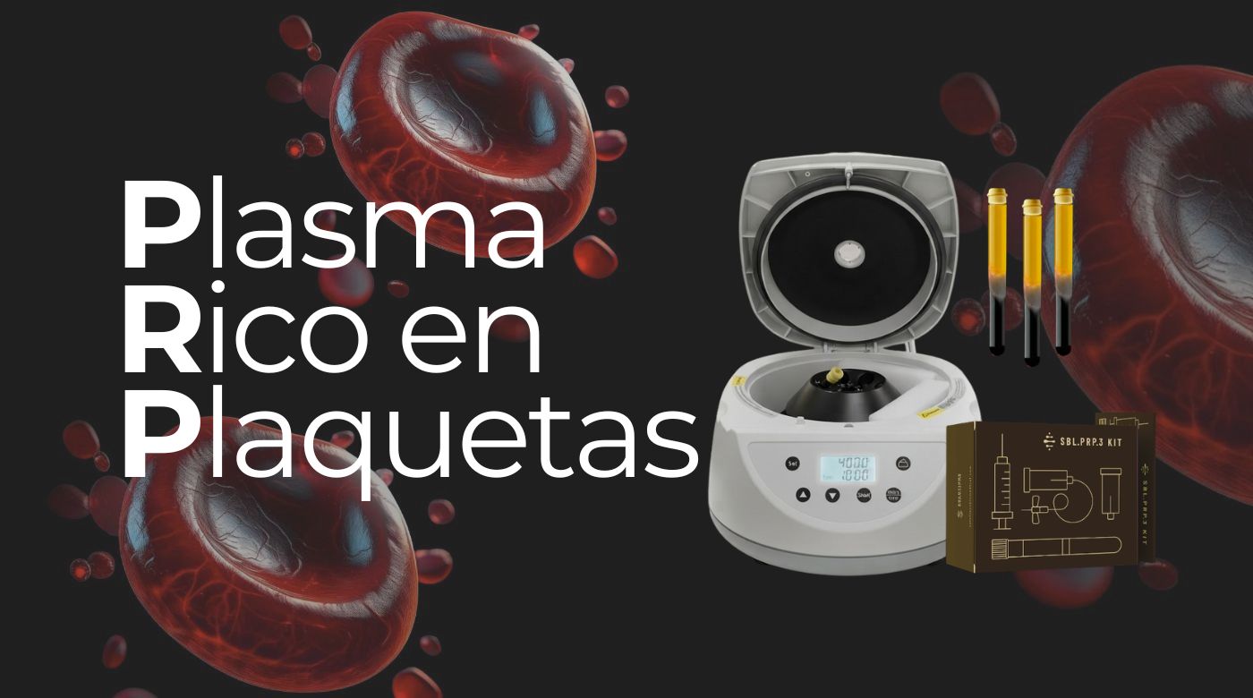 Equipo médico de centrífuga con tubos de ensayo y caja de kit para tratamiento de Plasma Rico en Plaquetas (PRP) sobre fondo negro con glóbulos rojos.