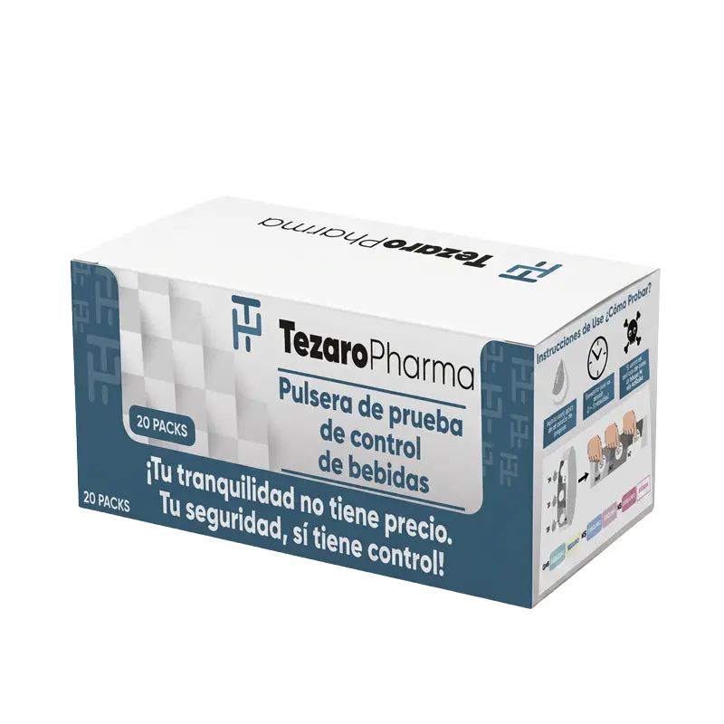 Caja de embalaje blanca y azul de 20 packs de pulseras detectoras de drogas sobre una superficie neutra.