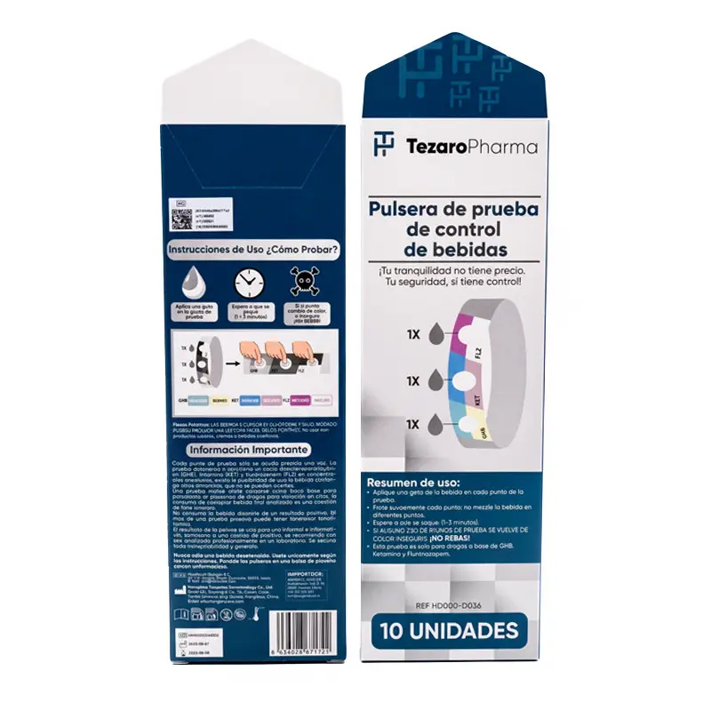 Caja de embalaje azul de la pulsera detectora de drogas con instrucciones de uso detalladas y gráfico de puntos de prueba.
