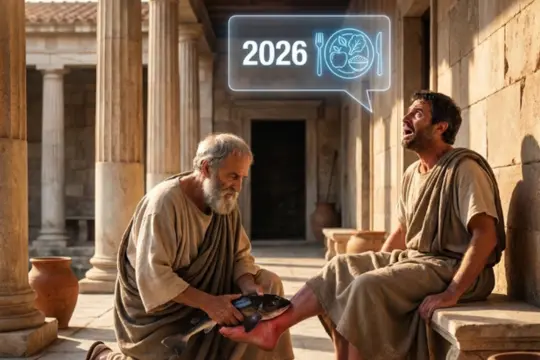 Dos hombres con túnicas clásicas en un patio porticado, mientras uno de ellos señala un bocadillo flotante con el número 2026 e iconos de nutrición.