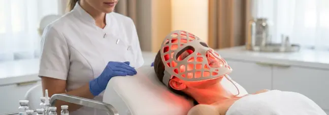 Especialista con guantes azules revisa la máscara facial Lumina Face con luz roja aplicada sobre una paciente en camilla.