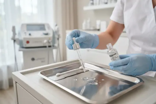 Especialista con guantes de nitrógeno manipulando una pipeta y un vial de principio activo en una clínica de estética moderna con aparatología avanzada de fondo.