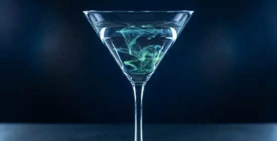 Copa de cóctel de cristal transparente con líquido translúcido y estelas de sustancia psicoactiva flotando en su interior.