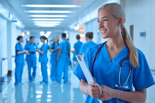 Estudiante de enfermería sonriente con pijama azul y fonendoscopio en primer plano en el pasillo de un hospital.