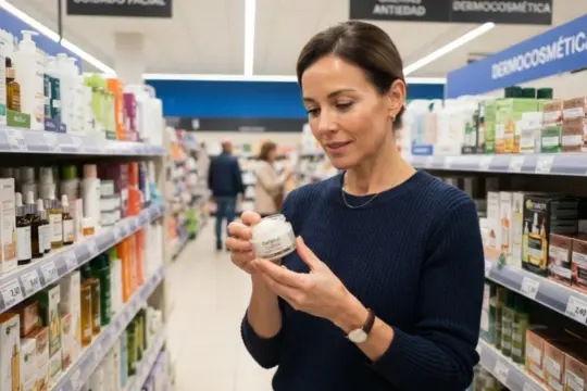 Mujer hojeando y examinando un tarro de crema cosmética en el pasillo de dermoestética de un supermercado.