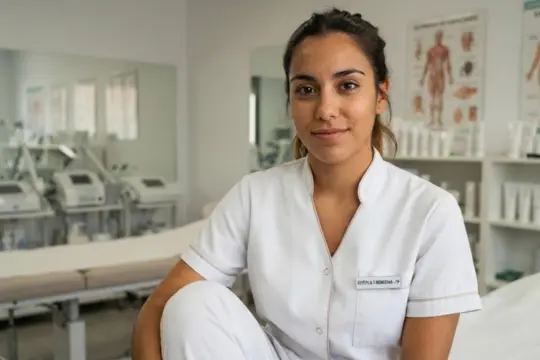 Estudiante de estética sonriendo en primer plano en una consulta clínica con indumentaria profesional blanca.