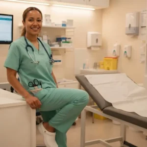 Profesional sanitaria sonriente con pijama verde clínico y fonendoscopio apoyada en el mobiliario de una consulta.