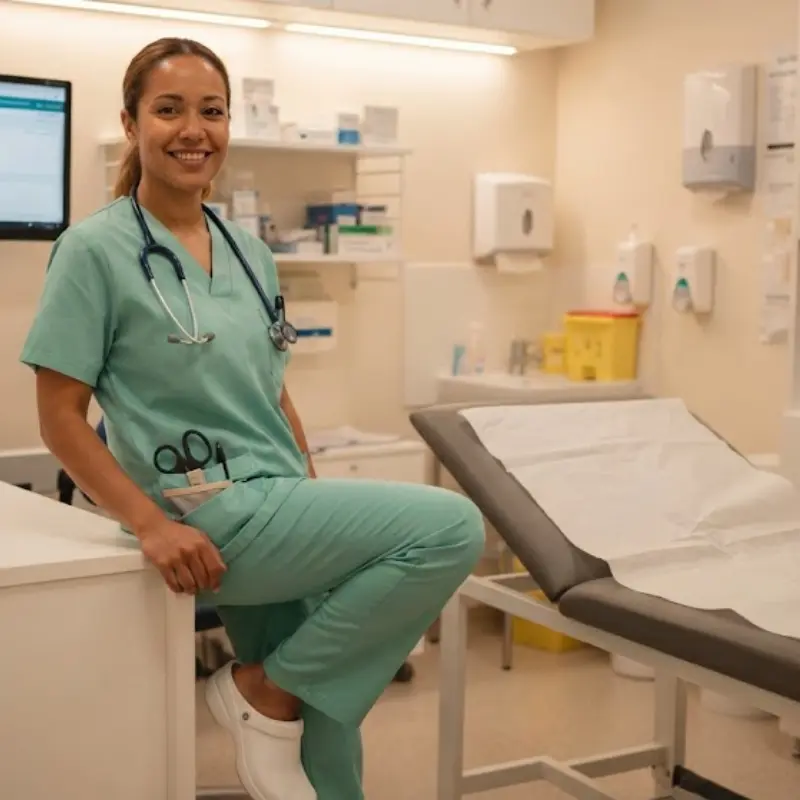 Profesional sanitaria sonriente con pijama verde clínico y fonendoscopio apoyada en el mobiliario de una consulta.