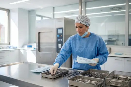 Personal sanitario con bata azul y gorro quirúrgico preparando bandejas de instrumental en una central de esterilización.