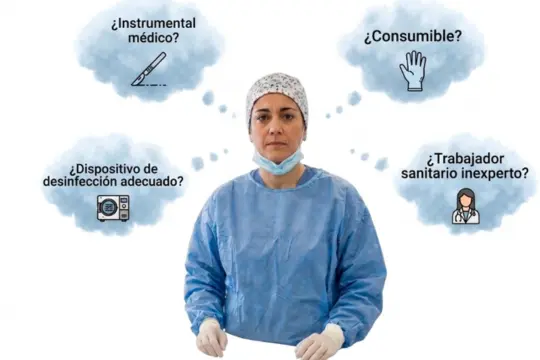 Personal sanitario con gorro y bata quirúrgica rodeada de burbujas de diálogo con dudas sobre material clínico.