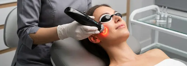 Especialista aplicando el dispositivo de micropunción Active Derma IR con luz roja sobre el rostro de una paciente tumbada en una camilla.