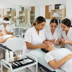 Personal de estética y alumnas en una clínica de formación aplicando tratamientos faciales en camillas de exploración.