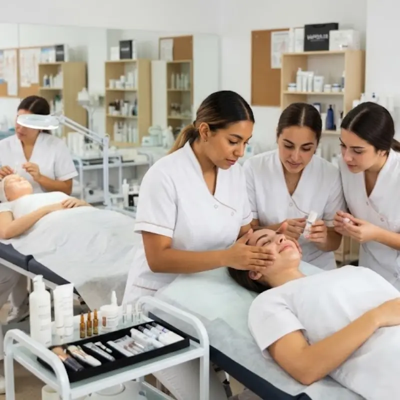 Personal de estética y alumnas en una clínica de formación aplicando tratamientos faciales en camillas de exploración.