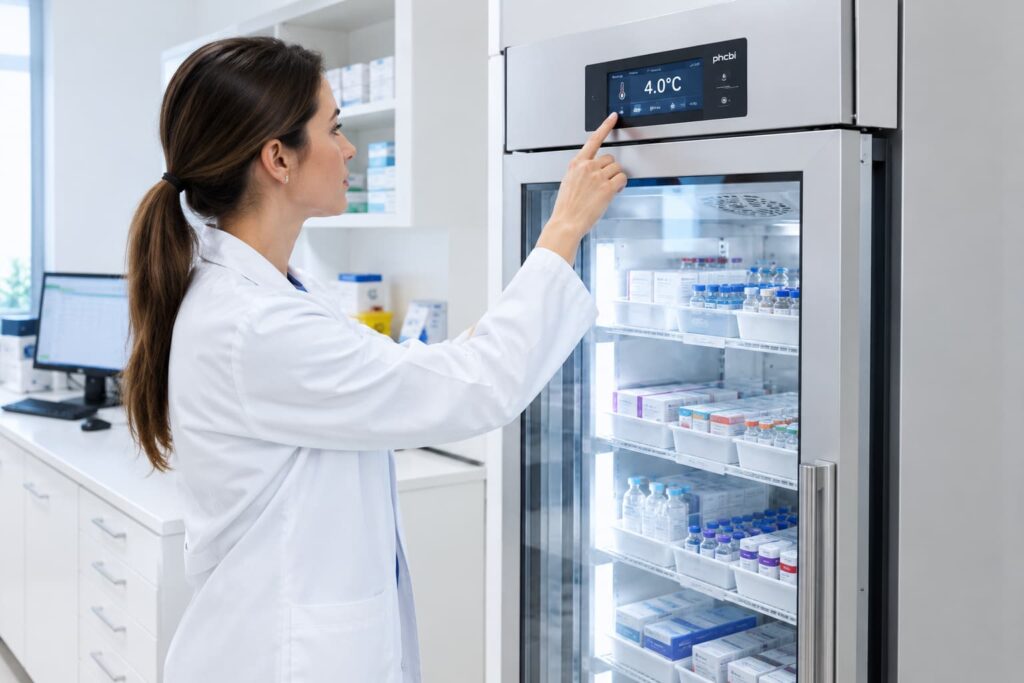 Profesional ajustando refrigerador médico